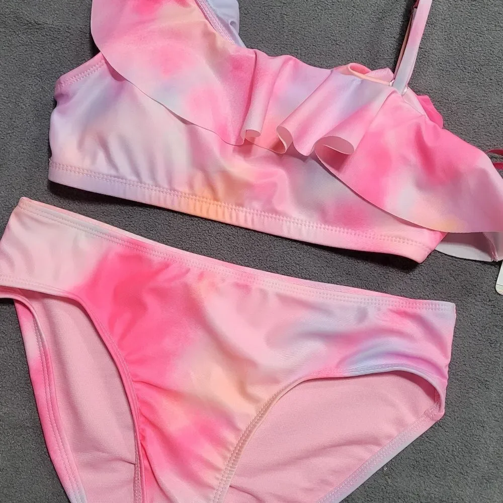 NEW Justice Girls 2 Piece Ruffle Shoulder Tie Dye Bikini‎ Swimsuit XS